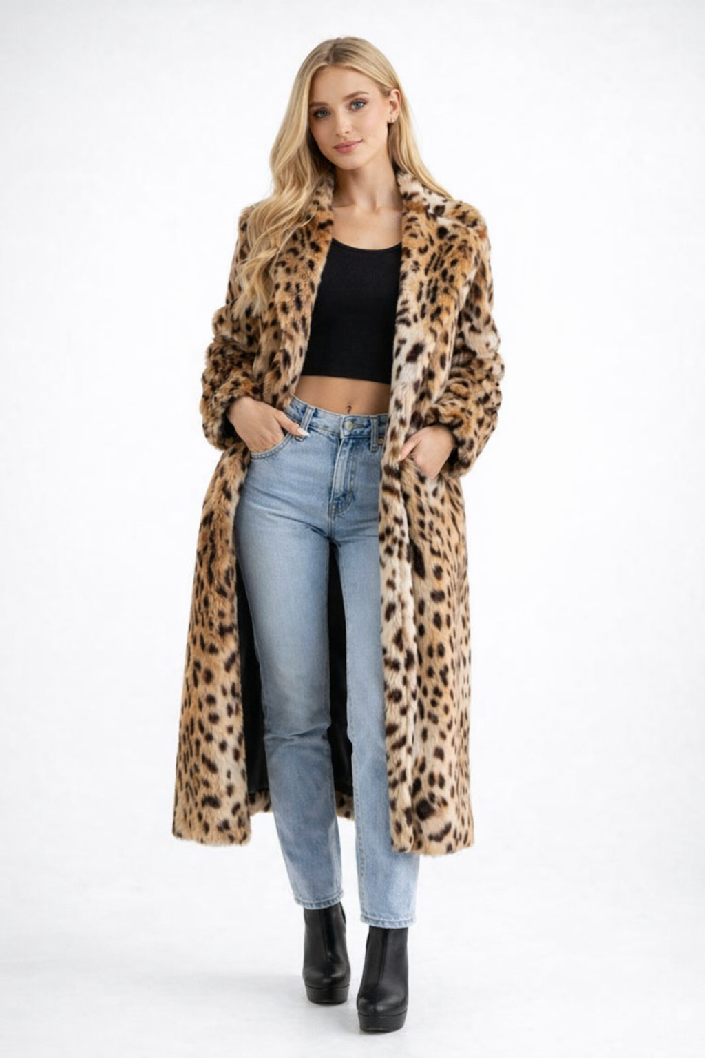 Zima – Luksusowy Sztuczny Futro – Długi Płaszcz w Lamparta