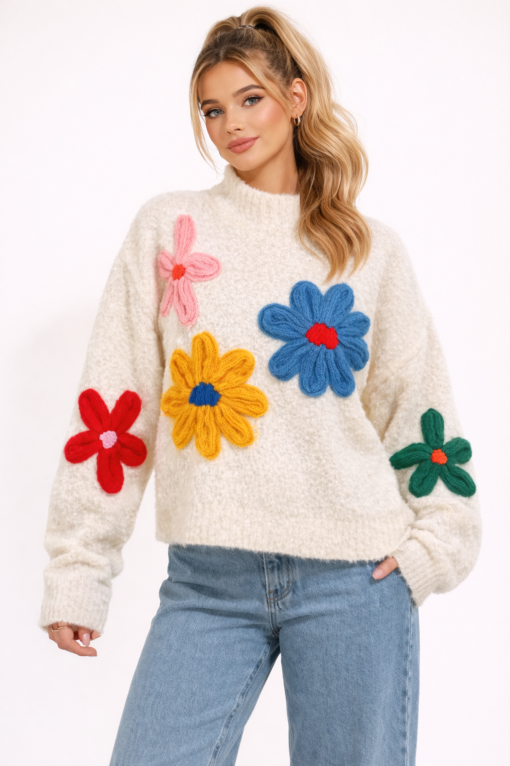 Zabawny Sweter z Ręcznie Wykonanymi Aplikacjami Kwiatowymi