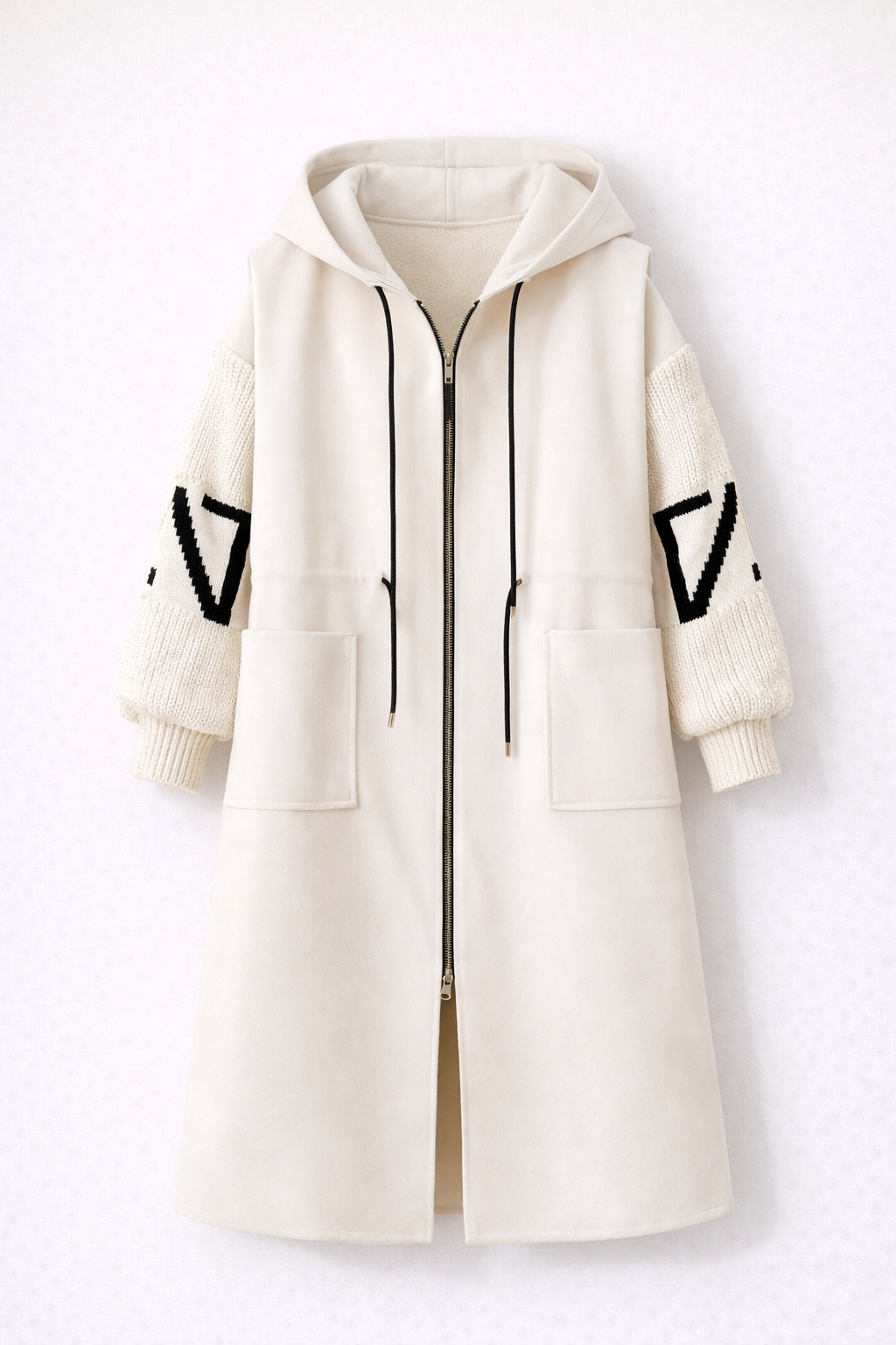 Luksusowa Długa Kurtka z Dzianinowymi Rękawami