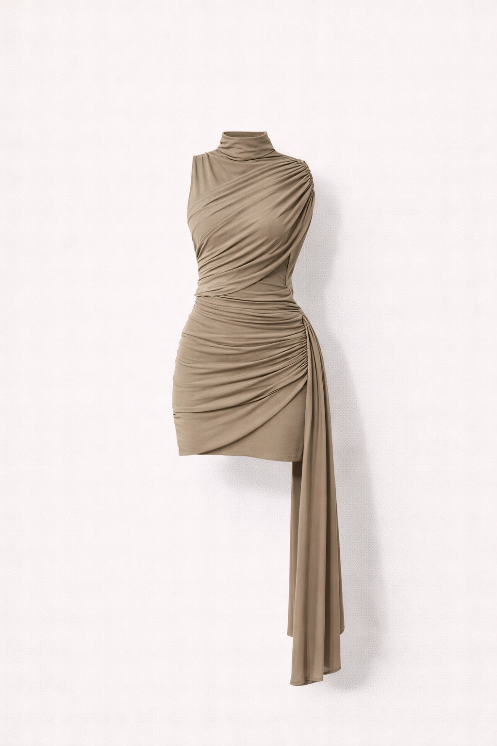 Taupe Drapowana Mini Sukienka z Asymetrycznym Detalem Szala