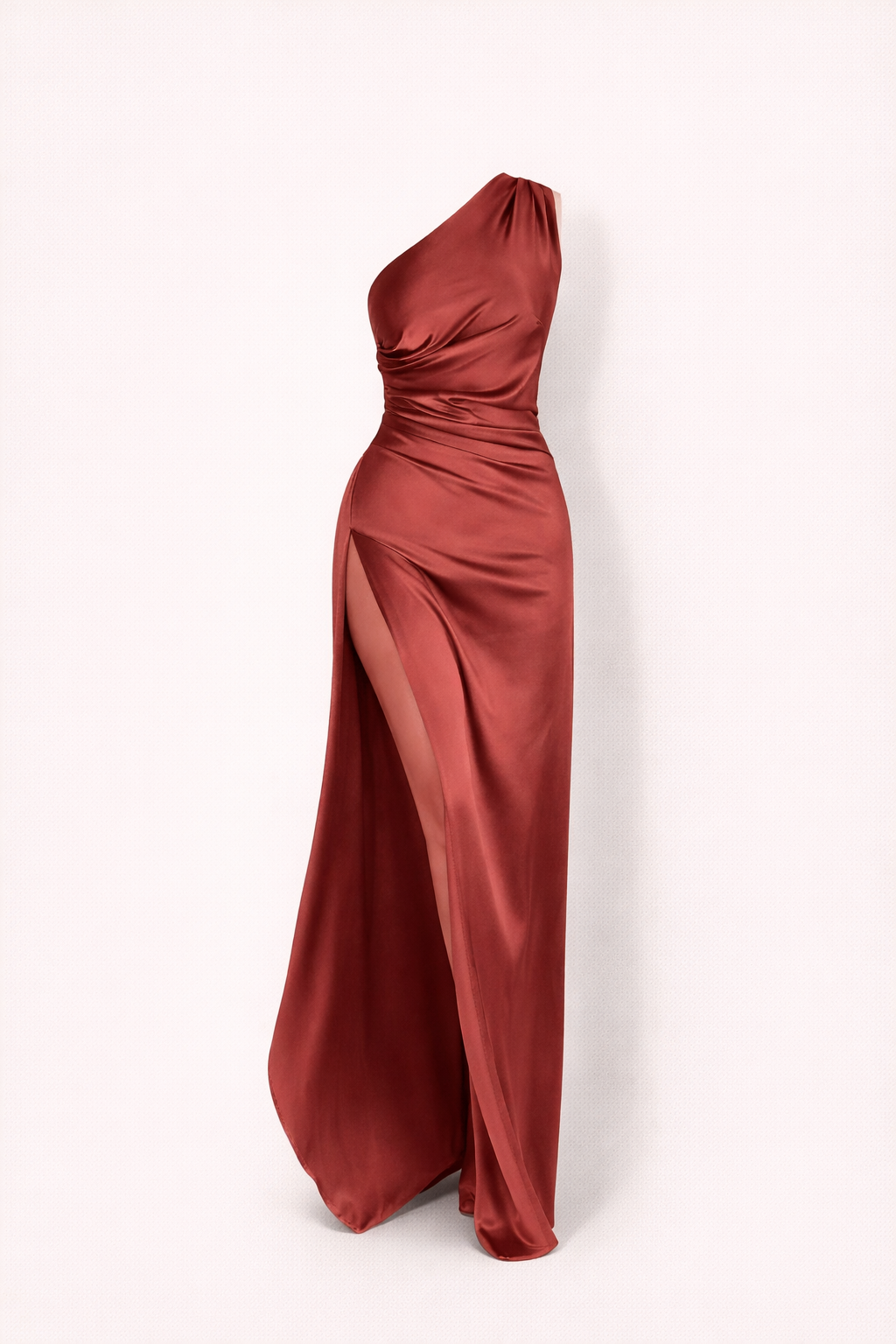 Satynowa Sukienka Maxi na Jedno Ramię z Wysokim Rozcięciem