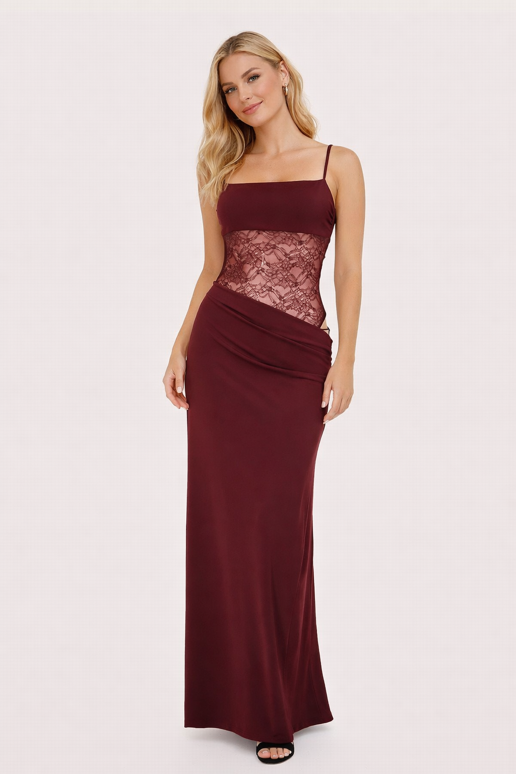 Bordowa Maxi Sukienka z Koronkowym Talią