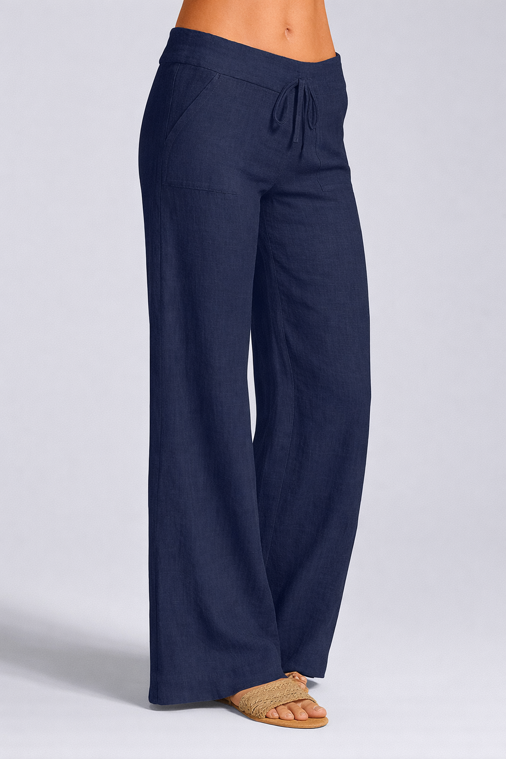 Letnie Spodnie z Lnianego Mixu o Szerokich Nogawkach