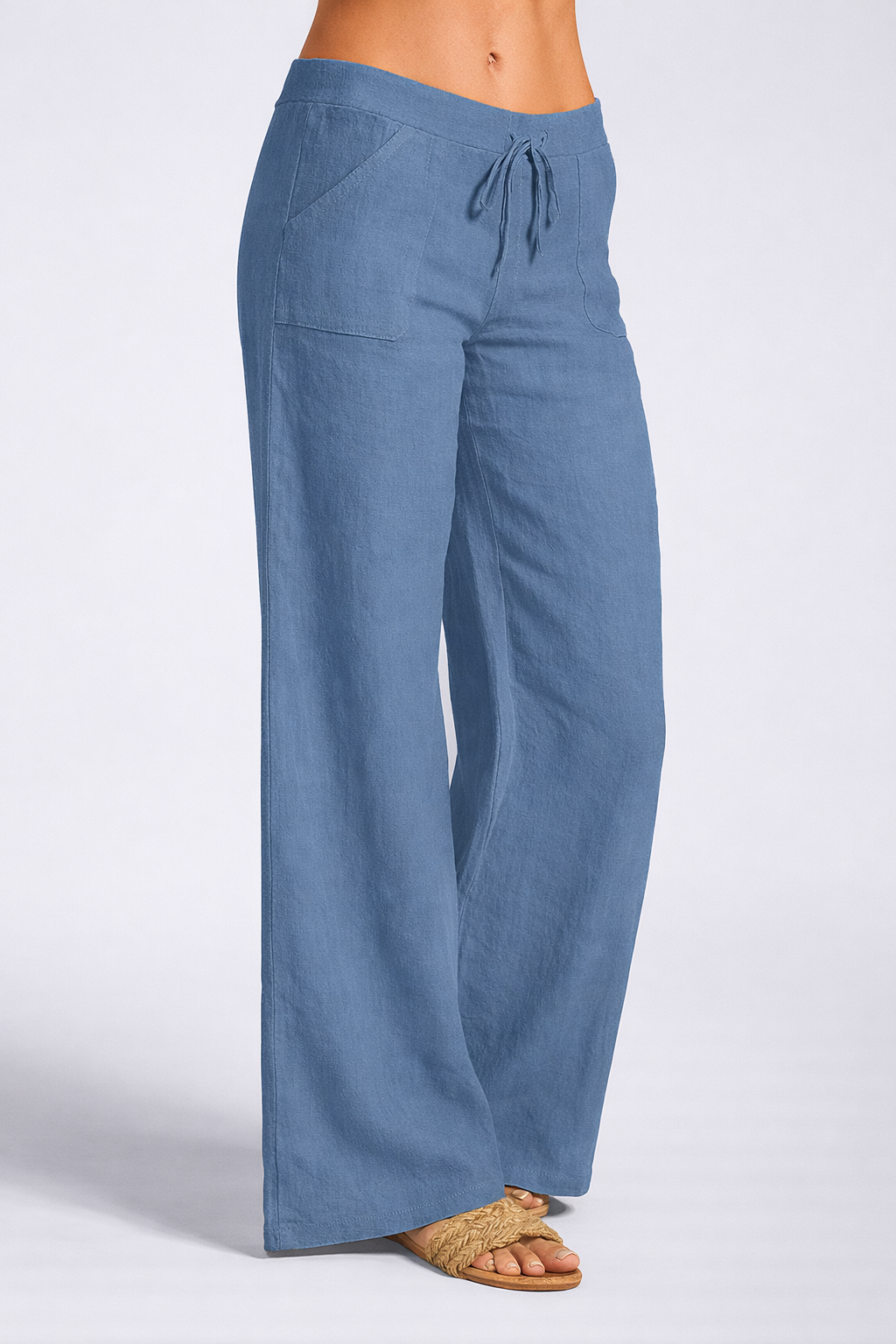 Letnie Spodnie z Lnianego Mixu o Szerokich Nogawkach