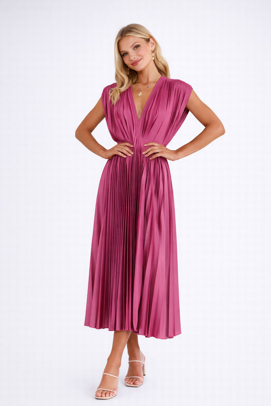 Lekka Sukienka Midi z Plisowanym Dołem