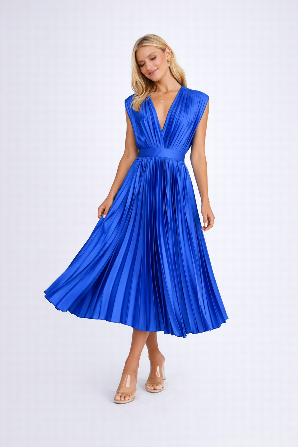 Lekka Sukienka Midi z Plisowanym Dołem