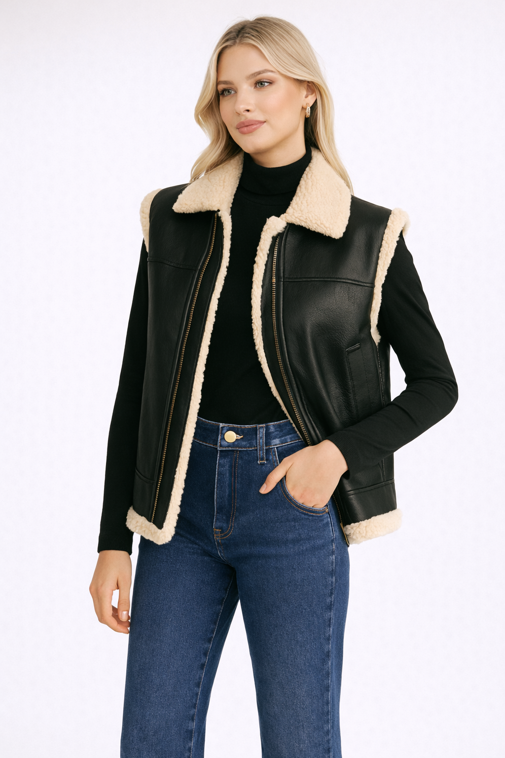 Teddy Podszewka Kamizelka z Ekoskórzanymi Rękawami