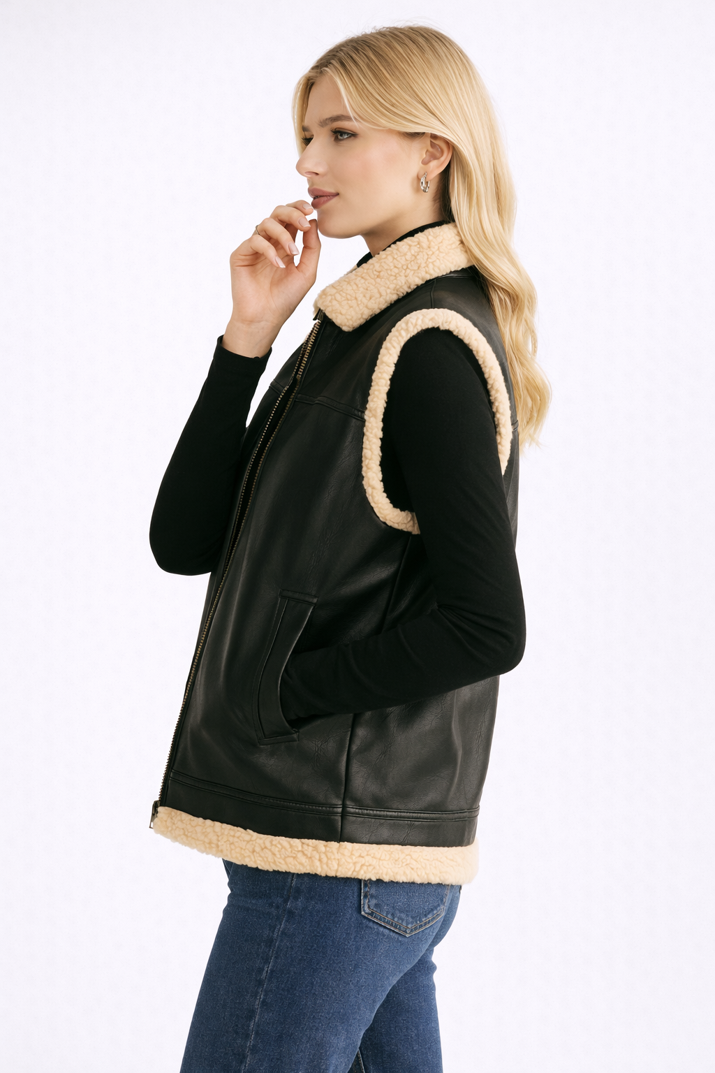 Teddy Podszewka Kamizelka z Ekoskórzanymi Rękawami