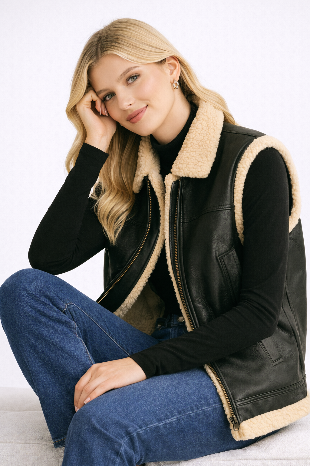 Teddy Podszewka Kamizelka z Ekoskórzanymi Rękawami