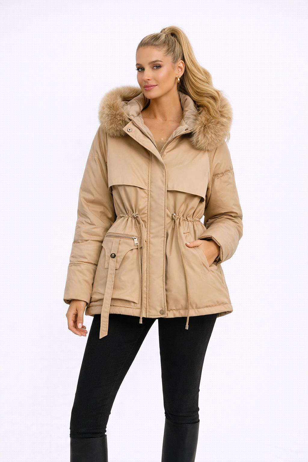 Luksusowa kurtka zimowa z kapturem z sztucznego futra
