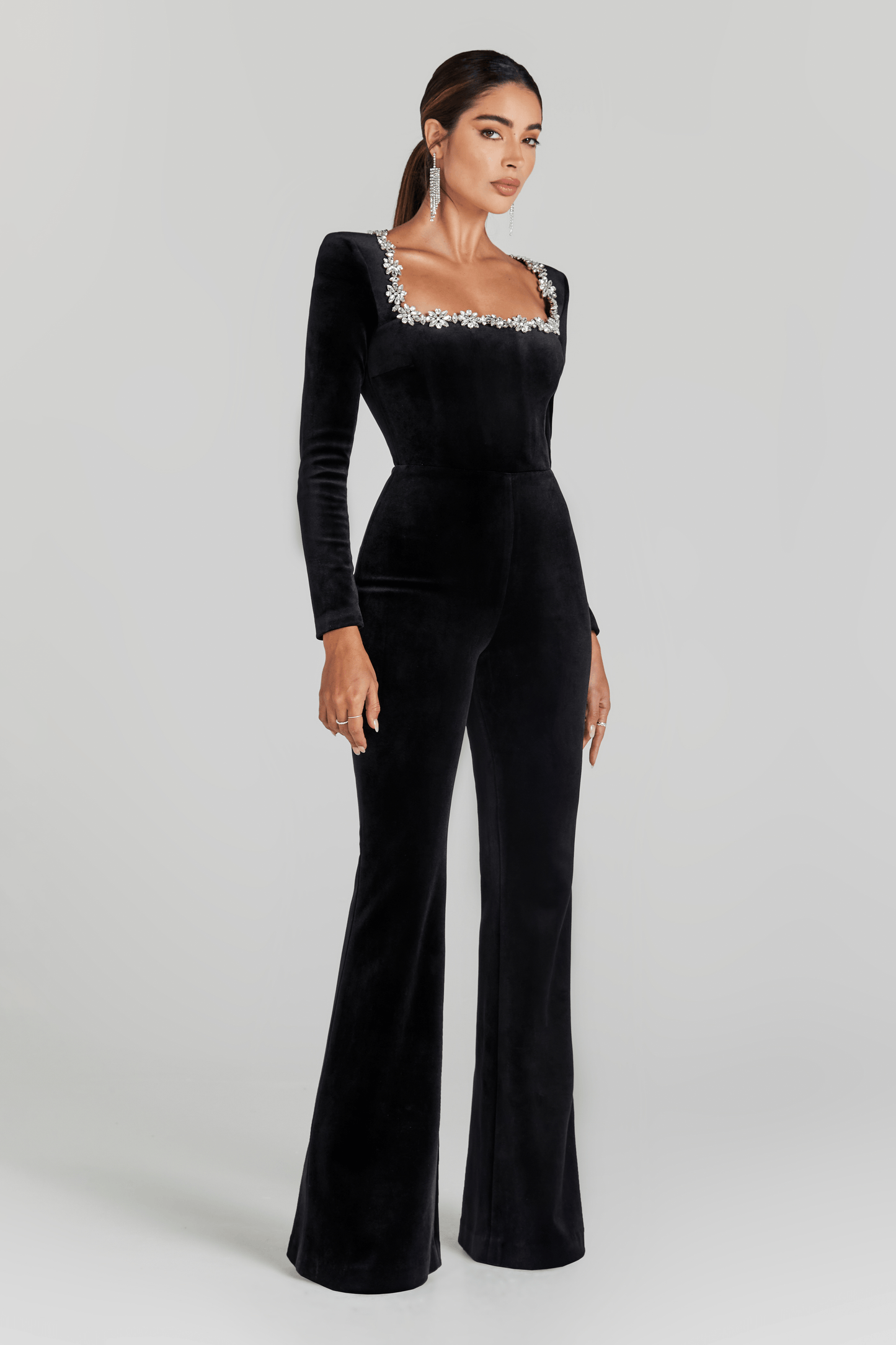Women's Prom Square Neck Velvet Flared Leg Jumpsuit