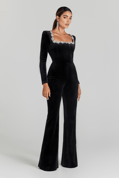 Women's Prom Square Neck Velvet Flared Leg Jumpsuit
