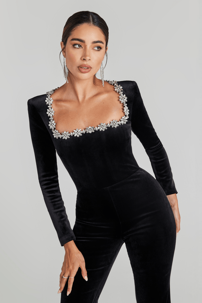 Women's Prom Square Neck Velvet Flared Leg Jumpsuit