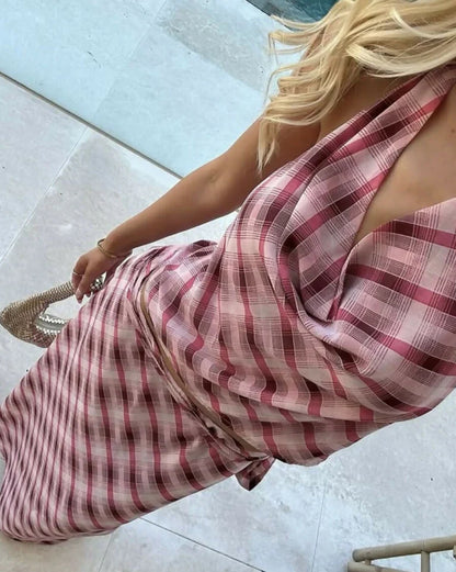 Women's Summer Plaid Halter Maxi Skirt Set