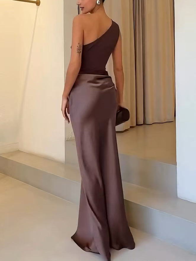 Women's Wedding Guest One Shoulder Pleated Maxi Dress