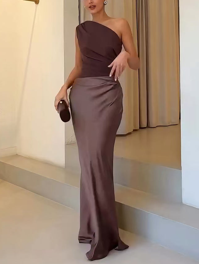 Women's Wedding Guest One Shoulder Pleated Maxi Dress