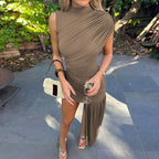 Taupe Drapowana Mini Sukienka z Asymetrycznym Detalem Szala