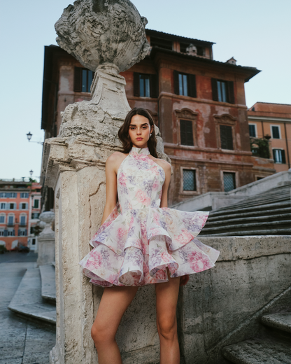 Women's Wedding Guest Floral Halter Mini Ruffle Dress