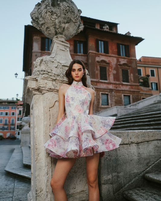 Women's Wedding Guest Floral Halter Mini Ruffle Dress