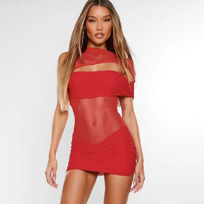 Women's Cocktail Mesh Cutout One Shoulder Mini Dress