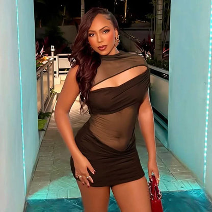 Women's Cocktail Mesh Cutout One Shoulder Mini Dress