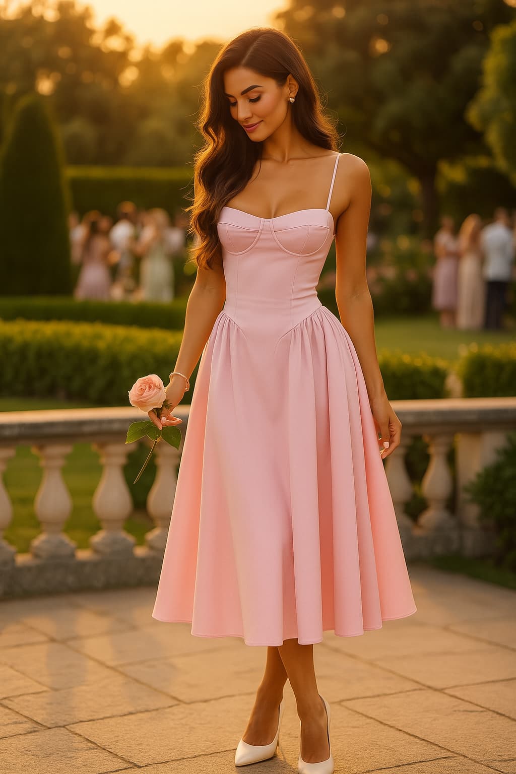 Women's Wedding Guest Sweetheart Midi A-Line Corset Dress
