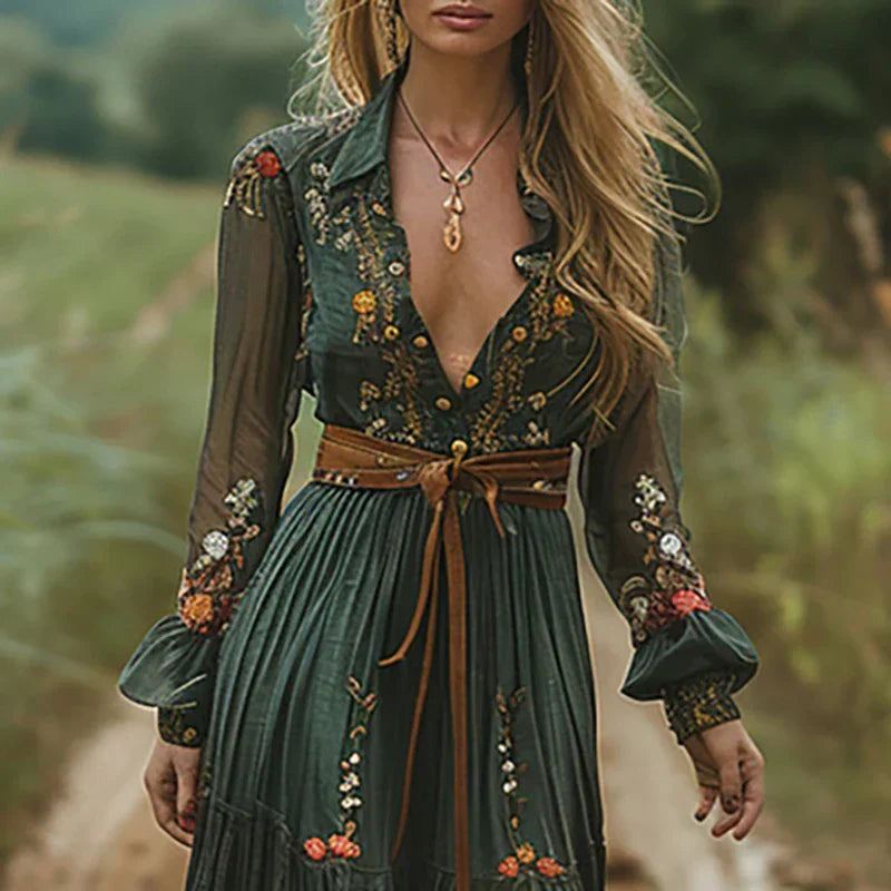 Women's Wedding Guest Floral V Neck Maxi Dress with Belt