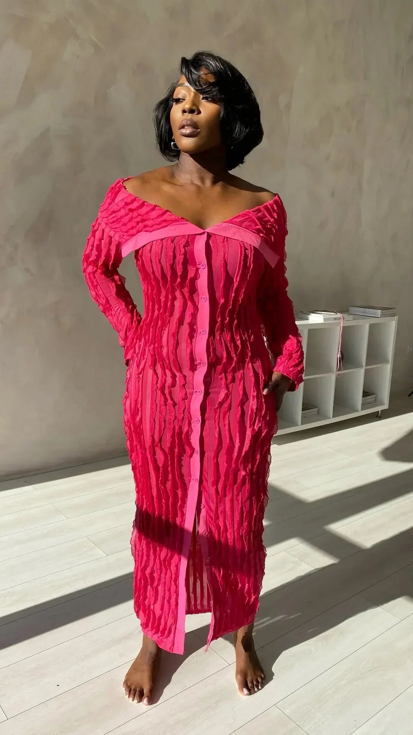 Women's Cocktail Off Shoulder Long Sleeve Midi Dress
