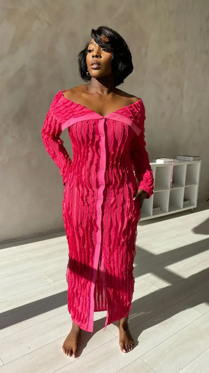 Women's Cocktail Off Shoulder Long Sleeve Midi Dress