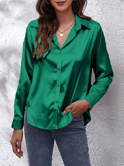Women's Satin Collared V Neck Long Sleeve Blouse