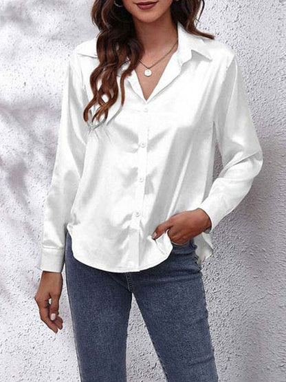 Women's Satin Collared V Neck Long Sleeve Blouse