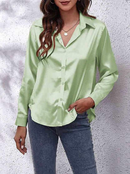 Women's Satin Collared V Neck Long Sleeve Blouse