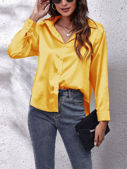 Women's Satin Collared V Neck Long Sleeve Blouse