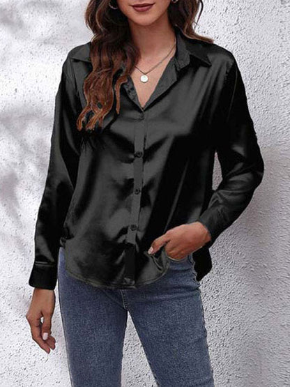 Women's Satin Collared V Neck Long Sleeve Blouse