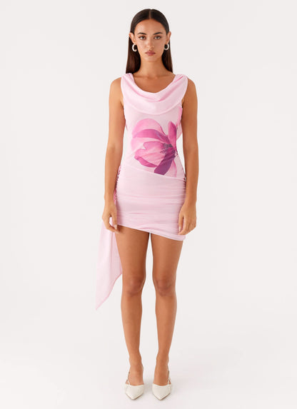 Women's Cocktail Floral Draped Neck Ruched Mini Dress