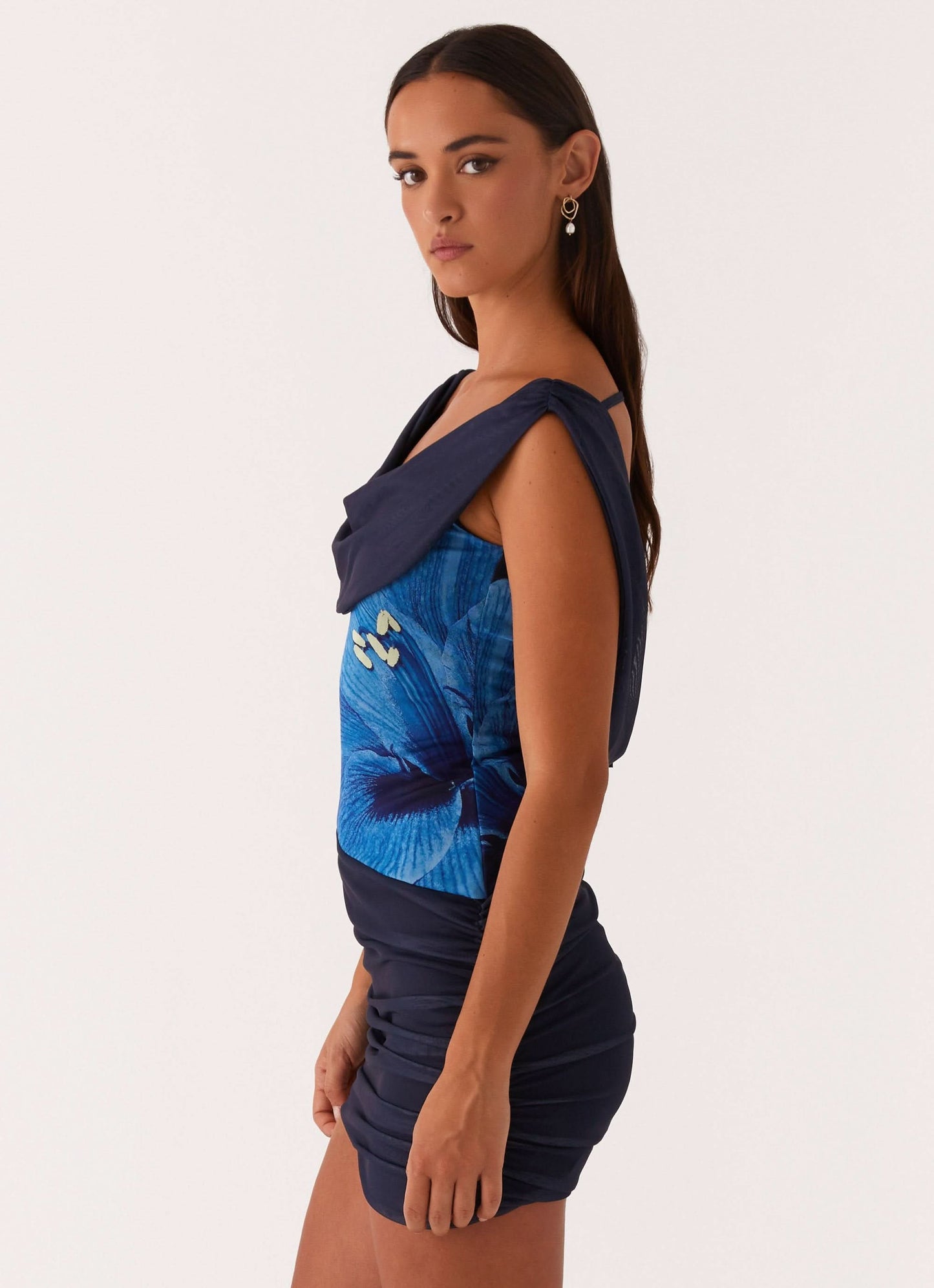 Women's Cocktail Floral Draped Neck Ruched Mini Dress