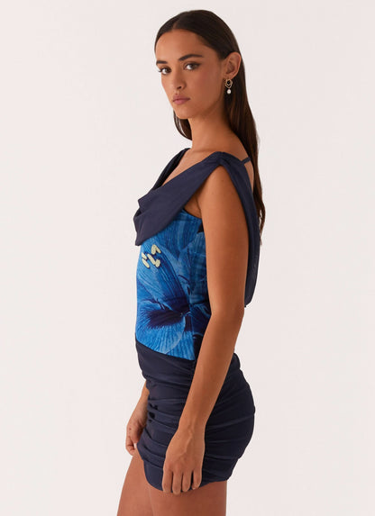 Women's Cocktail Floral Draped Neck Ruched Mini Dress