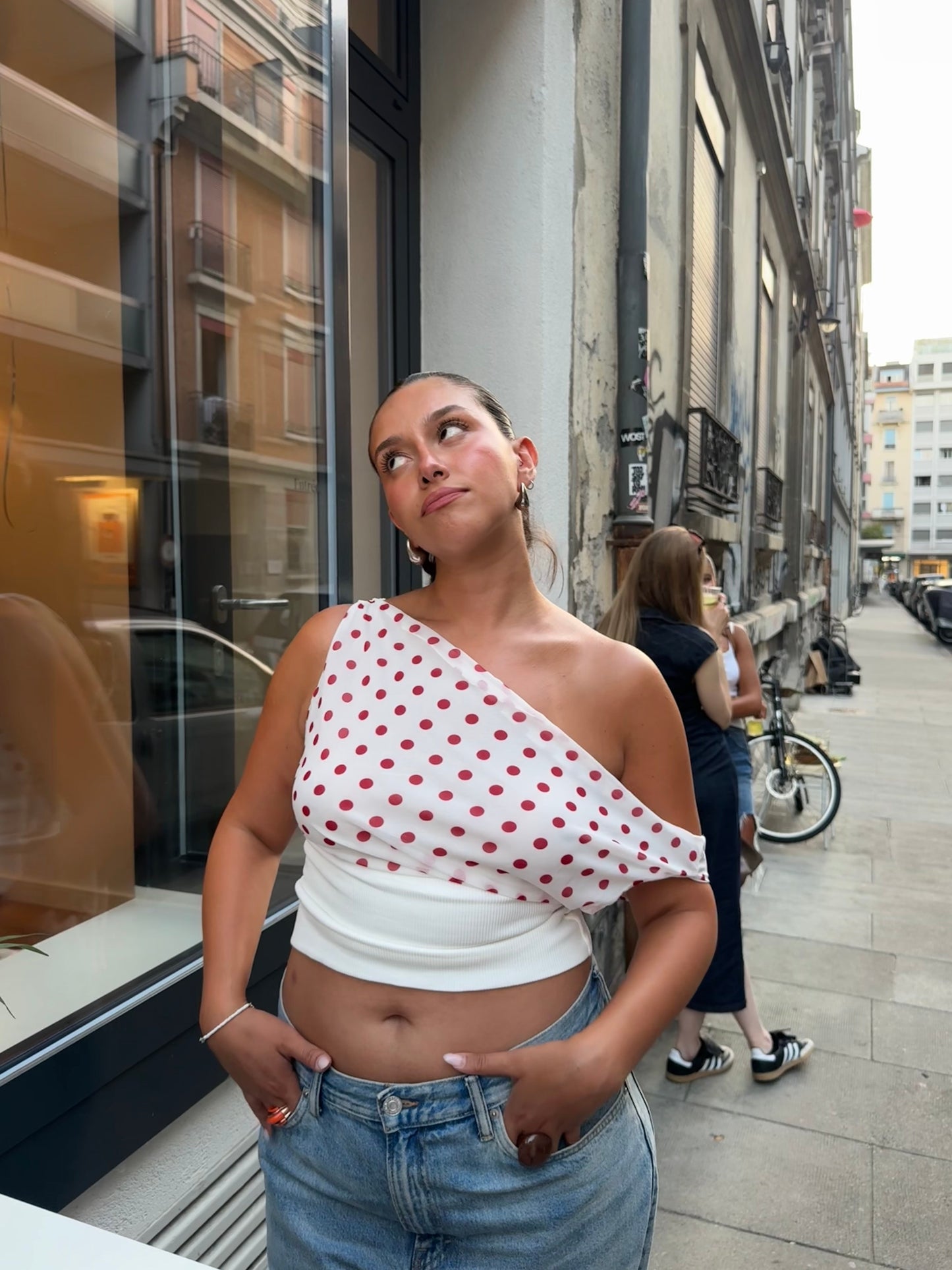 Women's Polka Dot One Shoulder Tie Back Crop Top