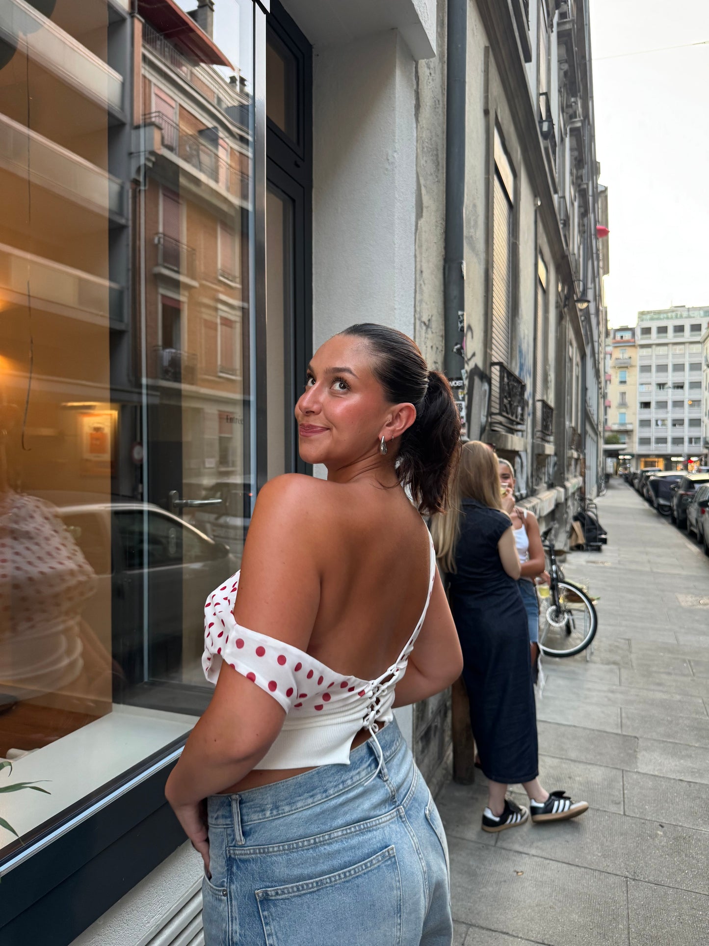 Women's Polka Dot One Shoulder Tie Back Crop Top