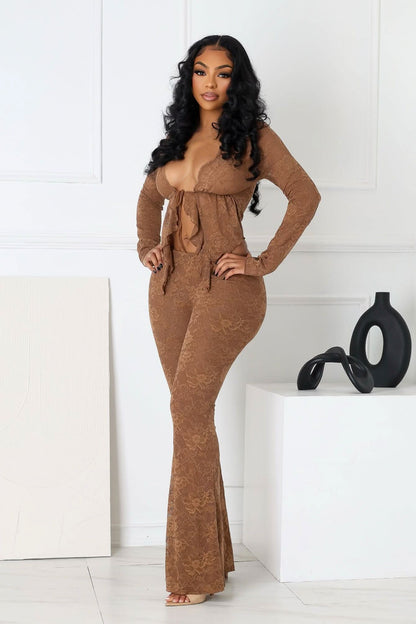 Women's Cocktail Floral Lace Long Sleeve Pants Set
