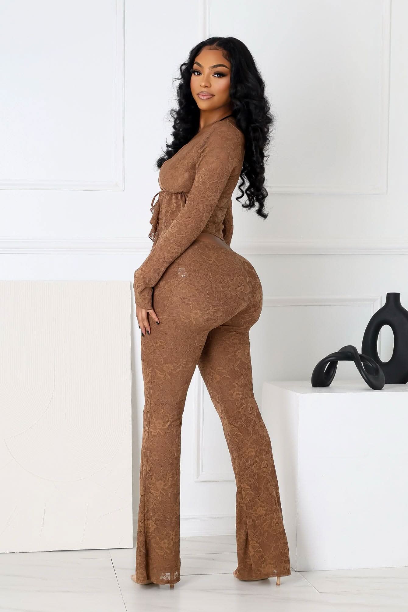 Women's Cocktail Floral Lace Long Sleeve Pants Set