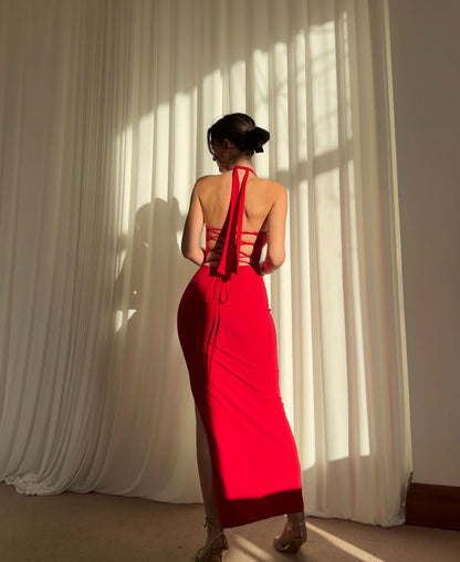 Women's Cocktail Halter Bodycon Maxi Dress With Side Slit