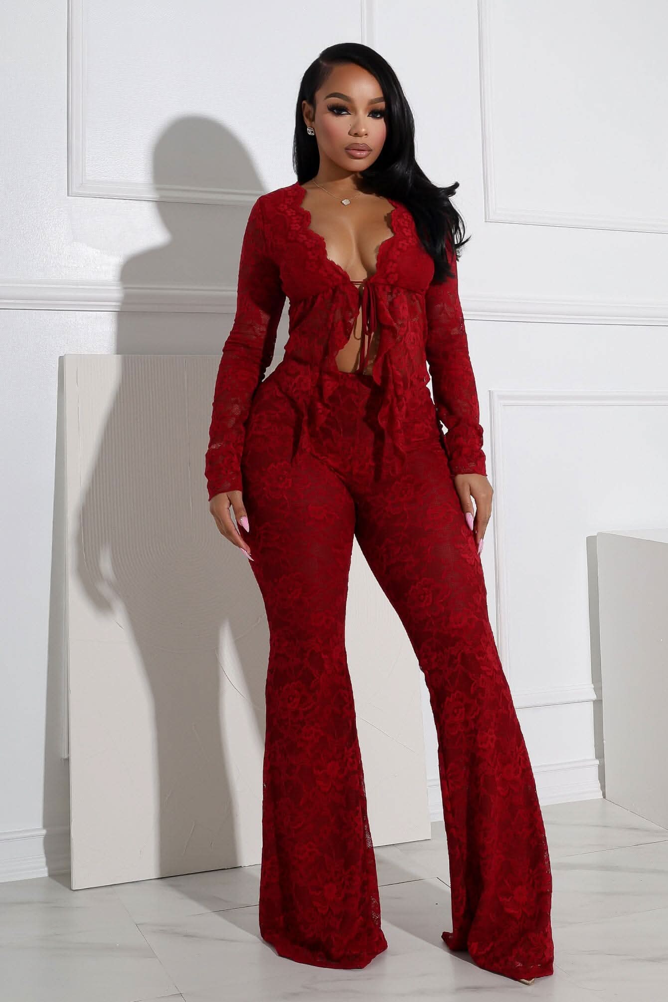 Women's Cocktail Floral Lace Long Sleeve Pants Set