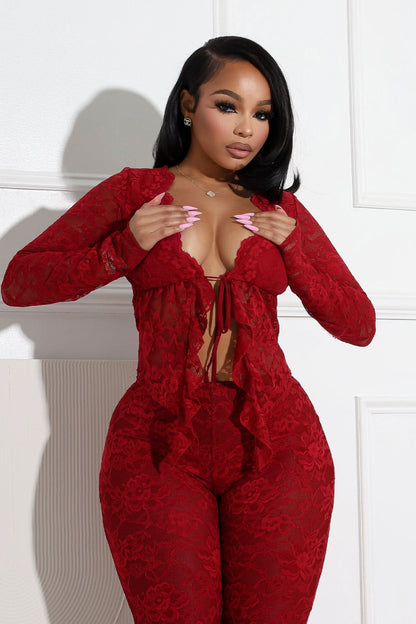 Women's Cocktail Floral Lace Long Sleeve Pants Set