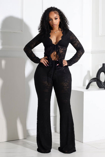 Women's Cocktail Floral Lace Long Sleeve Pants Set