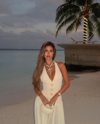 Women's Wedding Guest Halter Plunge Maxi Dress