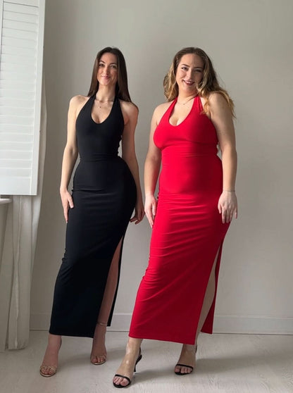 Women's Cocktail Halter Bodycon Maxi Dress With Side Slit