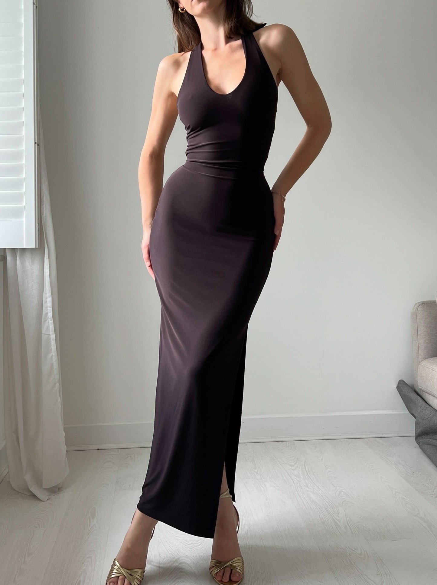 Women's Cocktail Halter Bodycon Maxi Dress With Side Slit