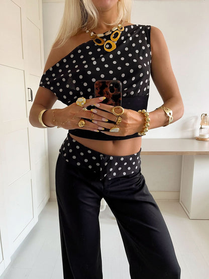 Women's Cocktail One Shoulder Polka Dot Crop Top