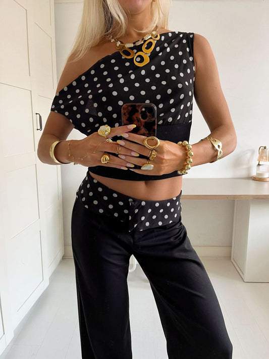 Women's Cocktail One Shoulder Polka Dot Crop Top